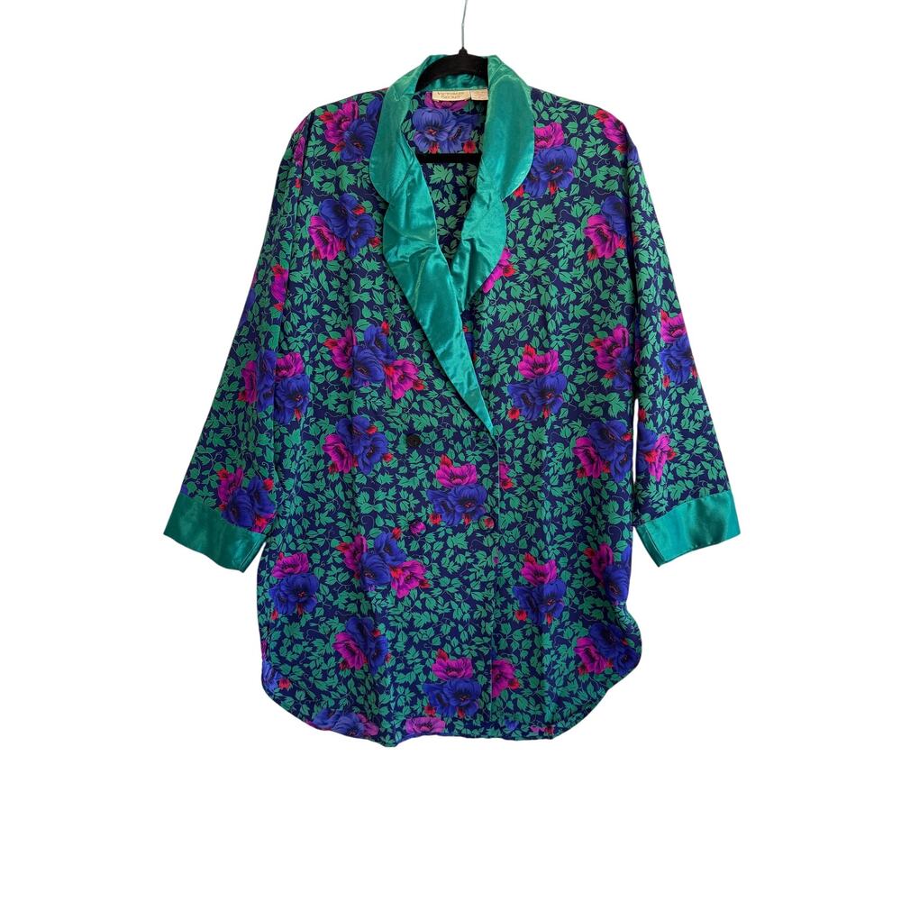 Vintage Victoria’s Secret Floral Satin Robe Green Shawl Collar 90s Loungewear M